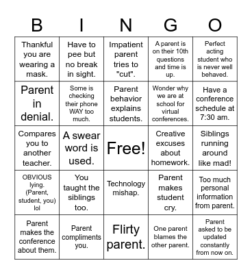 Parent Teacher Conferences Bingo Card