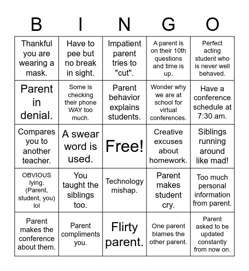 Parent Teacher Conferences Bingo Card