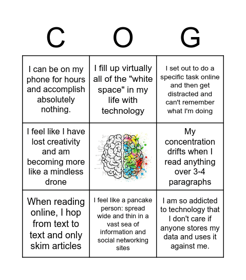 Cognitive Confessions Bingo Card