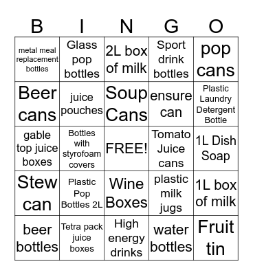 Beverage Containers Bingo Card