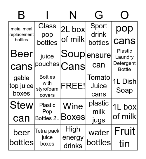 Beverage Containers Bingo Card