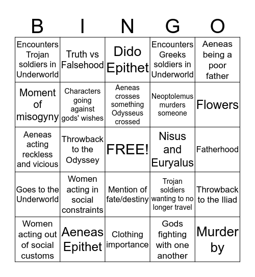 Aeneas Bingo Board Bingo Card