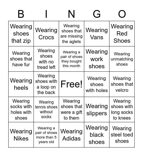 Shoe Bingo Card