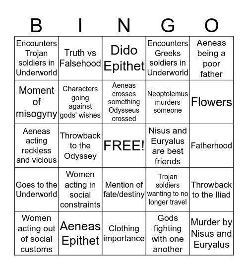 Aeneas Bingo Board Bingo Card