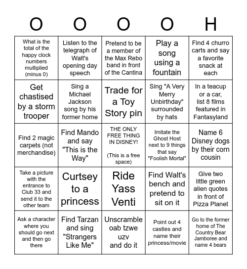 Disneyland Dapper Day Bingo Card
