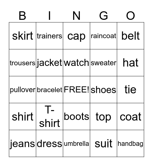 Clothes    Bingo Card