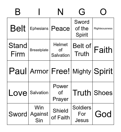 Armor Of God Bingo Card