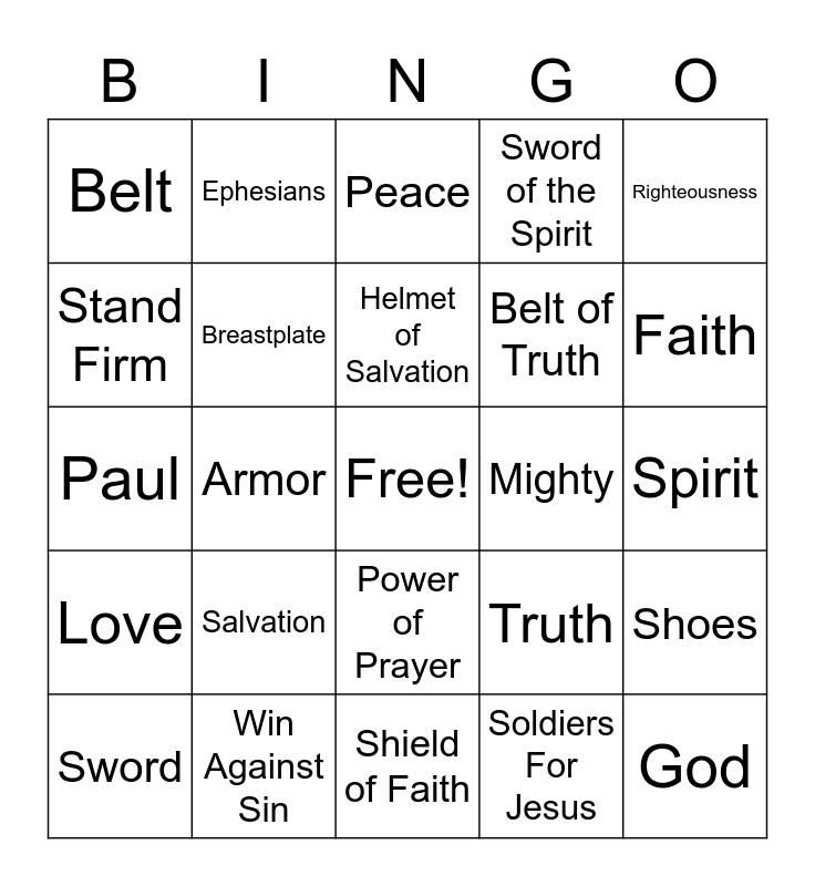 Armor Of God Bingo Card