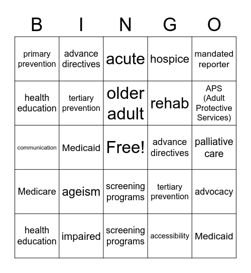 Care of the Aging Population Bingo Card