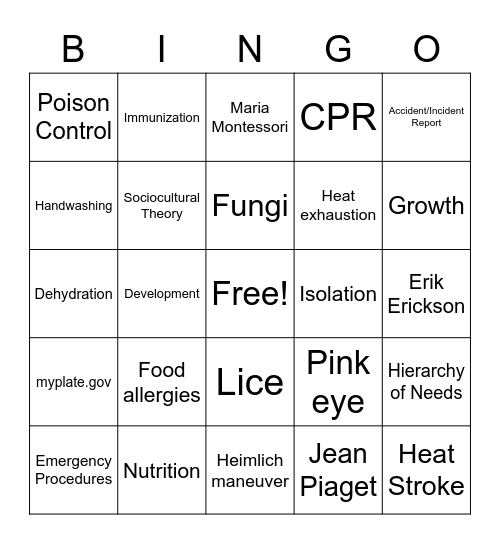 Early Childhood Bingo Card
