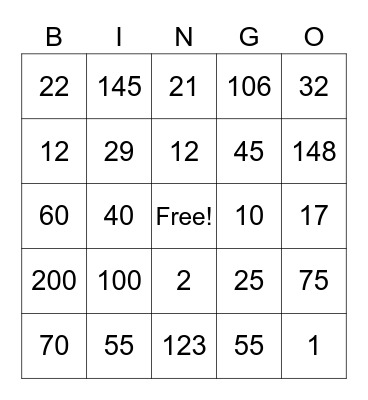 Place Value Bingo Card