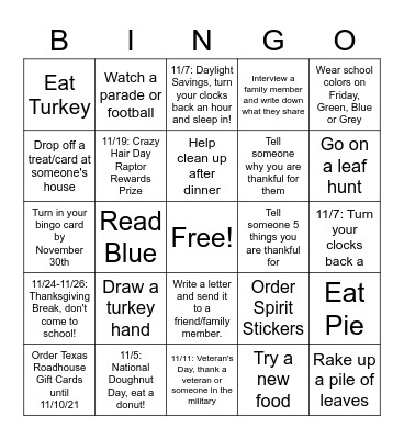 Raptor Rewards: Turn in by November 30th Bingo Card