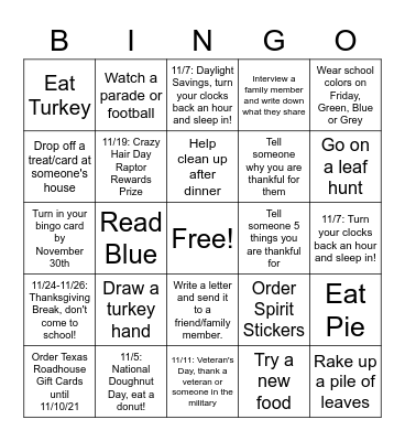 Raptor Rewards: Turn in by November 30th Bingo Card