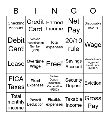 Budgeting Vocabulary Bingo Card