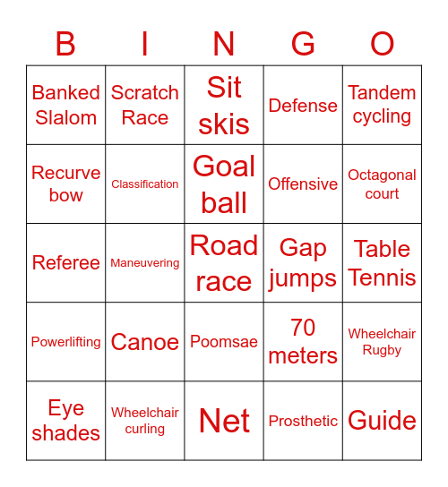 Adaptive Sports Bingo Card