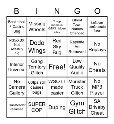 GTA Trilogy Remastered Bingo Card