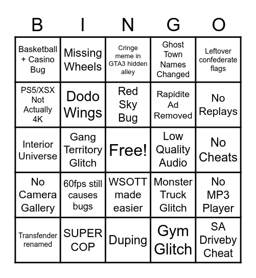 GTA Trilogy Remastered Bingo Card