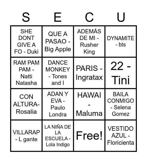 BINGO MUSICAL Bingo Card