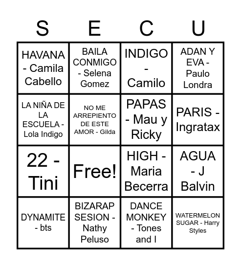 BINGO MUSICAL Bingo Card