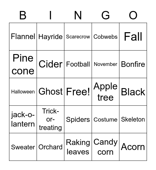 Harvest Bingo Card