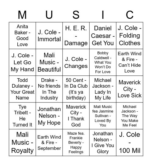 Austin's 27th Birthday Bingo Card