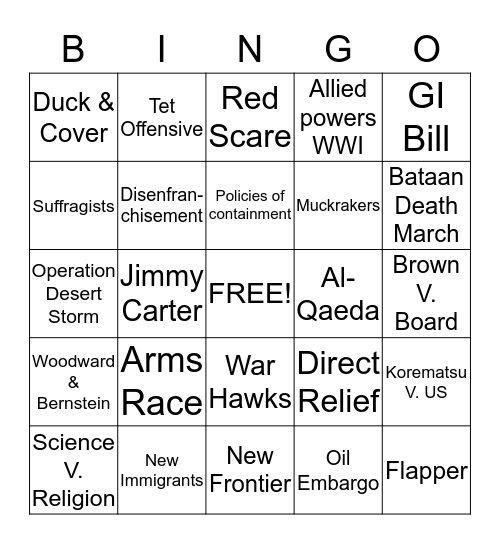 US History & Geography EOC Review Bingo Card