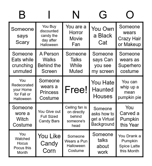 Virtual Halloween Bingo Card