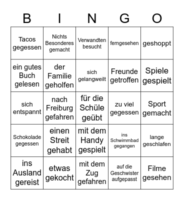 Was hast du in den Ferien gemacht? Bingo Card