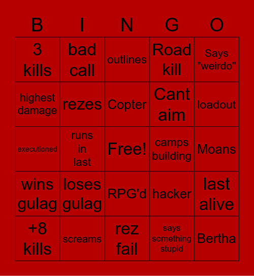 Ladybird Warzone Bingo Card