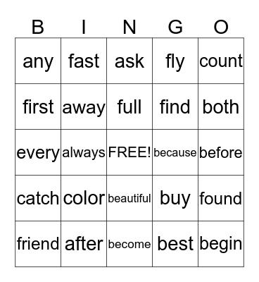 B words Bingo Card