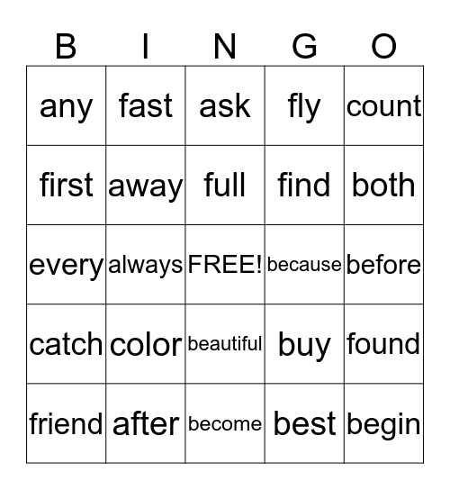 B words Bingo Card