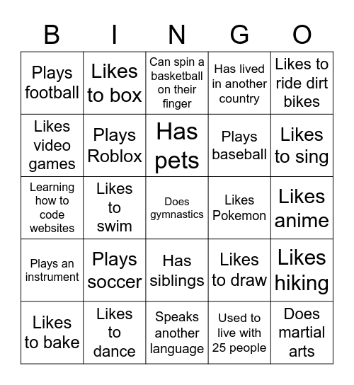 4th Grade Bingo Card