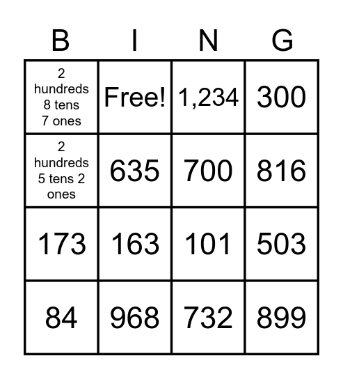 Place Value Bingo Card