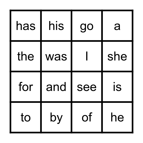 Sight Word Bingo Card