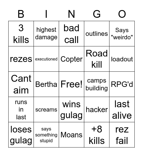 Ladybird Warzone Bingo Card