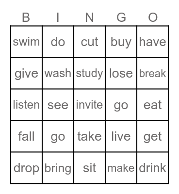 Past simple BINGO Card