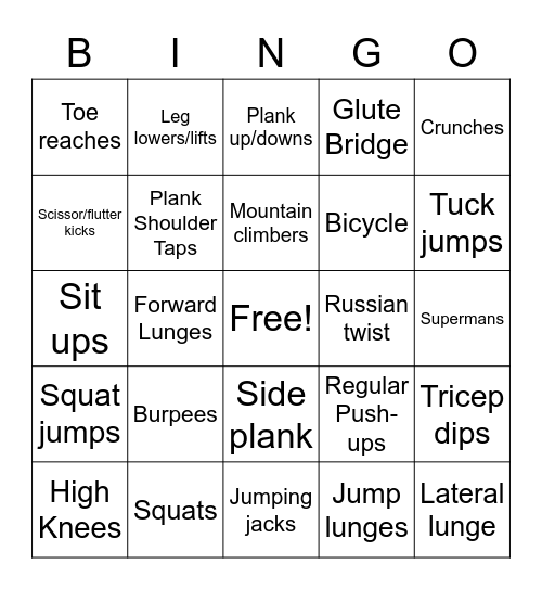 BSM Fitness Bingo Card