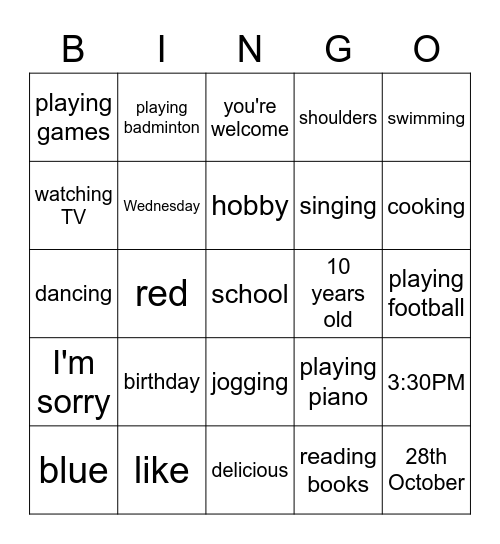 Bingo 1 Bingo Card