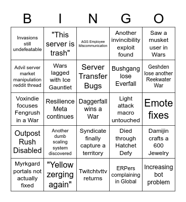 New World Patch 1.0.4 Bingo Card