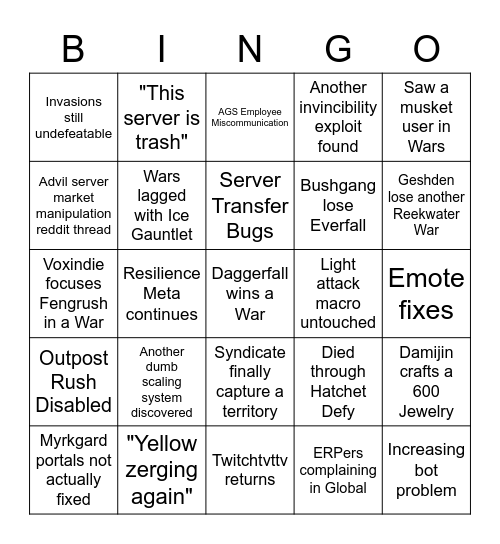 New World Patch 1.0.4 Bingo Card