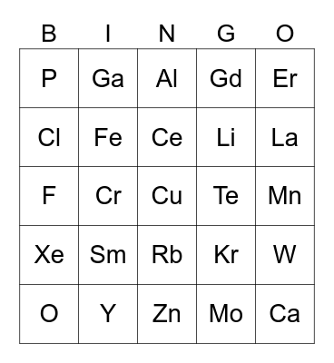 Elements Bingo Card