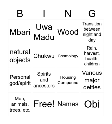 Igbo Cosmology Bingo Card