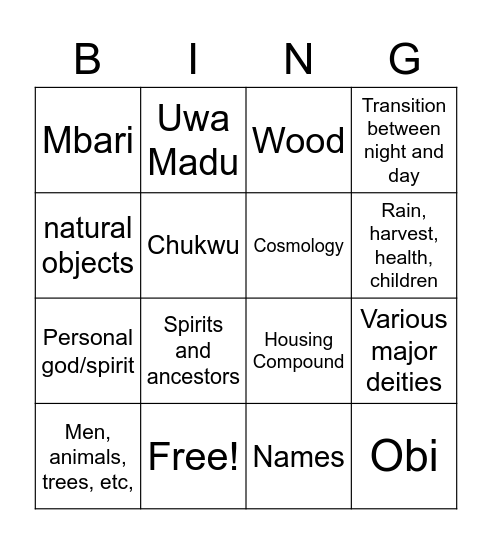 Igbo Cosmology Bingo Card