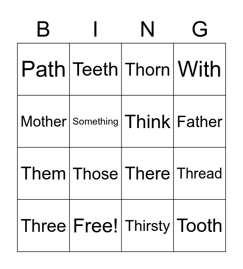 'Th' Words Bingo Card