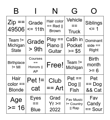 APCSP Boolean Bingo Card