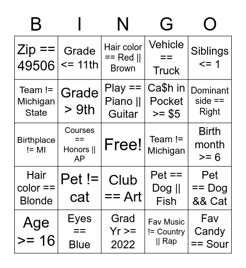 APCSP Boolean Bingo Card