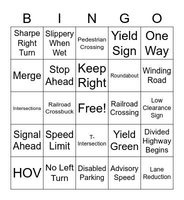 Drivers Ed Bingo Card