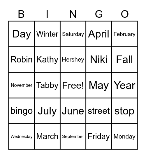 orange bingo months/days/seasons Bingo Card