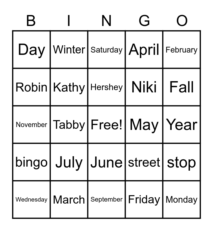 orange bingo months/days/seasons Bingo Card