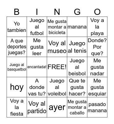 Unit 18 El tiempo libre y las actividades Bingo Card